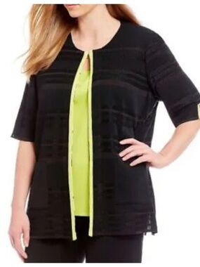 Ming Wang Black Knit Open Cardigan Pear Green Textured Contrast Trim